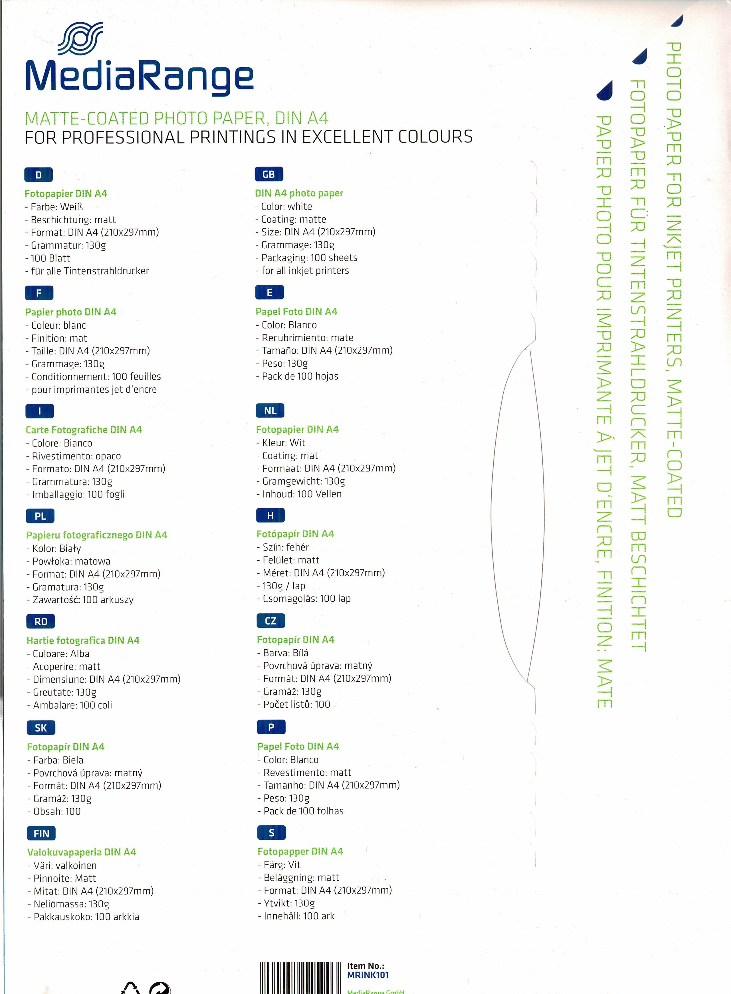 MediaRange fotopapier A4 Mat 130g wit 100 pagina's